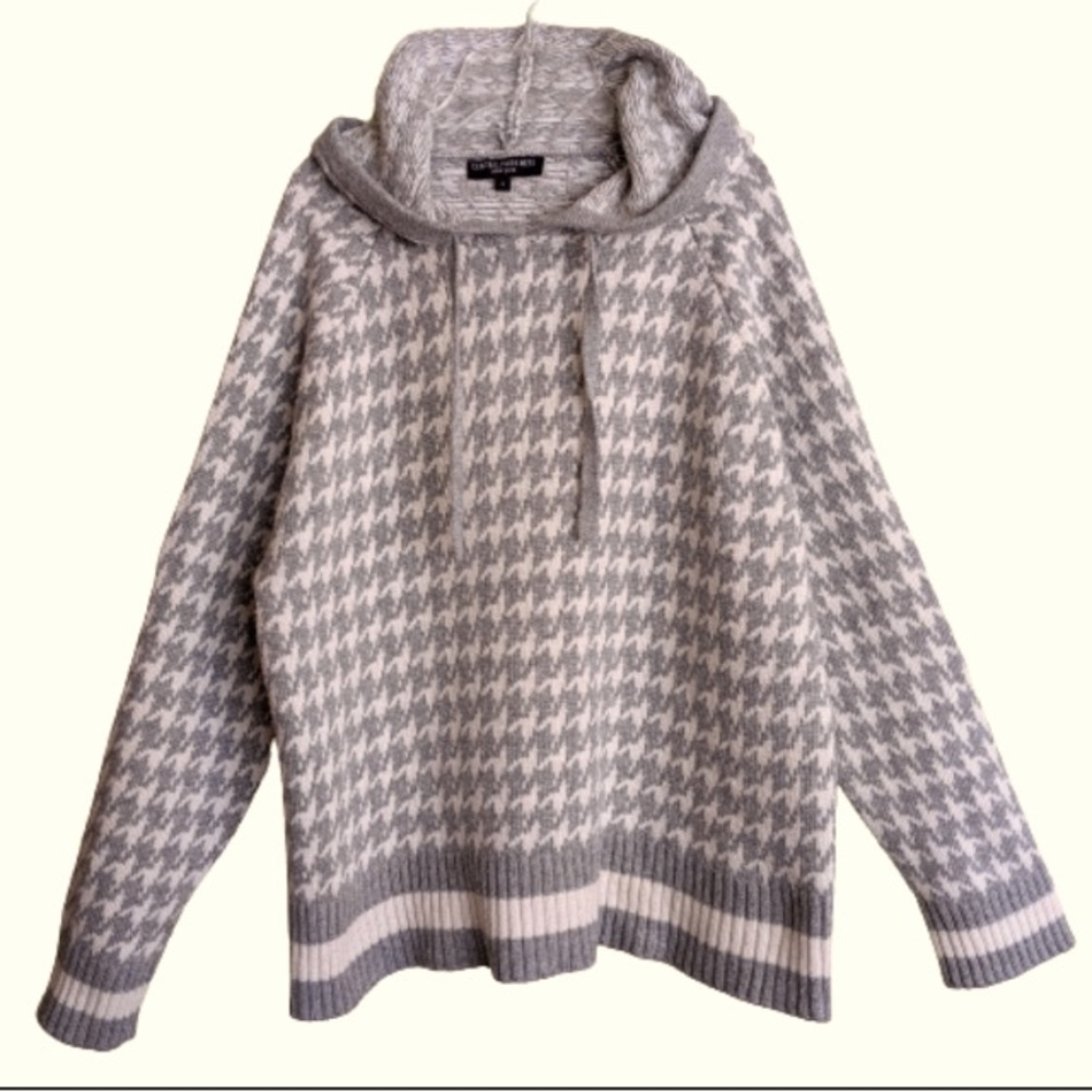 Central Park West Gray Houndstooth Hooded Sweater Elbow Patches Large